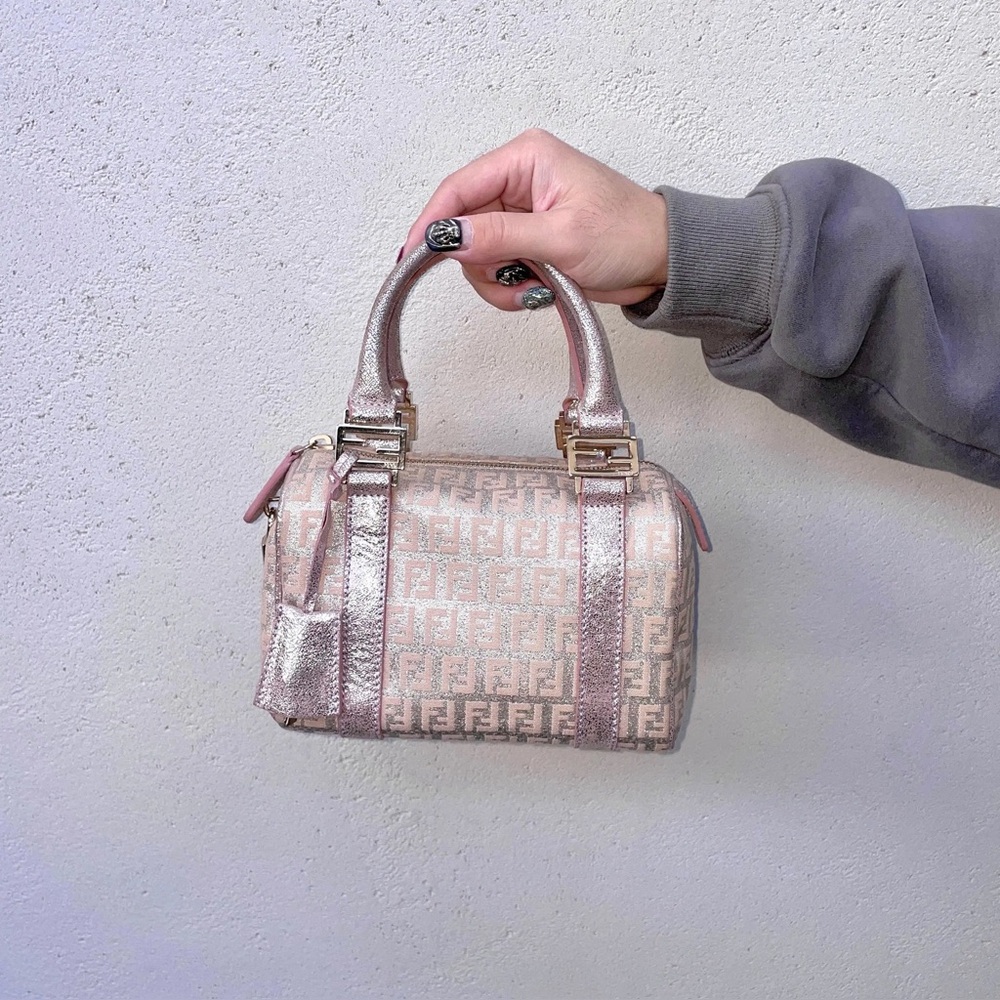 Fendi Zucchino Mini Boston Handbag Pink Silver
